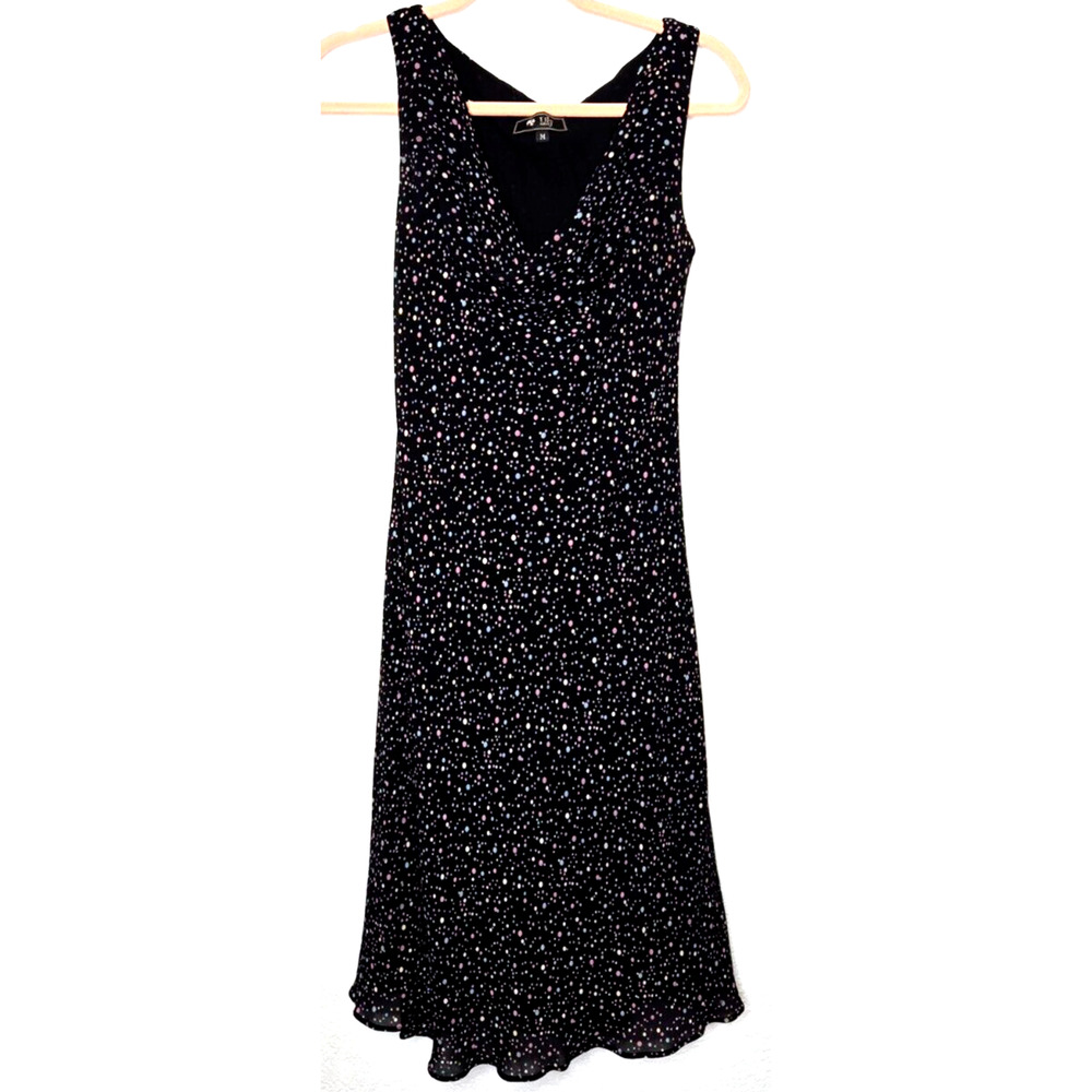 Vintage Y2K Dress Medium Black Pink Blue Polka Dot Cowl Neck‎ Mini Flowy 90s USA
